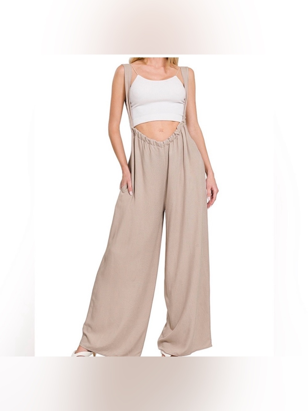 🆕 FREE Cami w/Beige Wide Leg Suspender Jumpsuit Adjustable Tie Back Rayon Romper - Picture 3 of 5